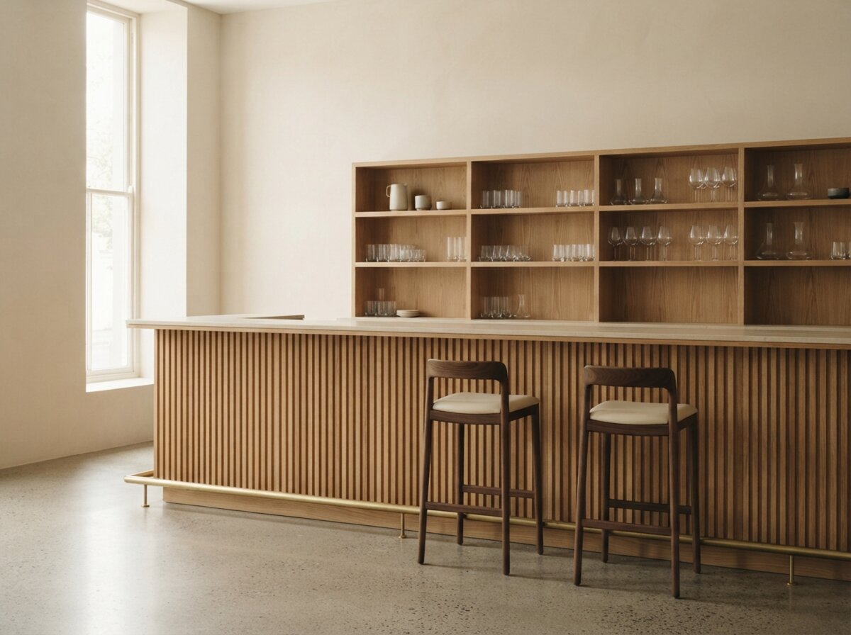 Café-Bartresen aus Eiche mit Lamellenfront und Rückbuffet mit Gläsern